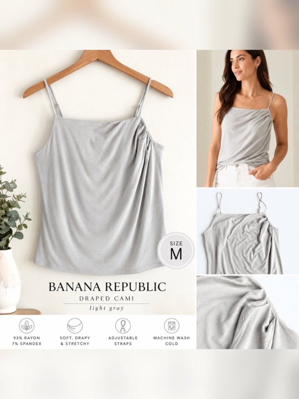 Banana Republic Light Gray Draped Cami Top Spaghetti Strap Size M
